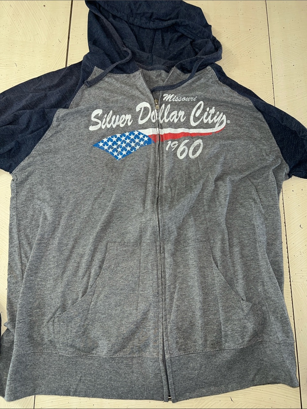 Silver Dollar City Hooded Zip-Up Tee - Gray with Navy Sleeves